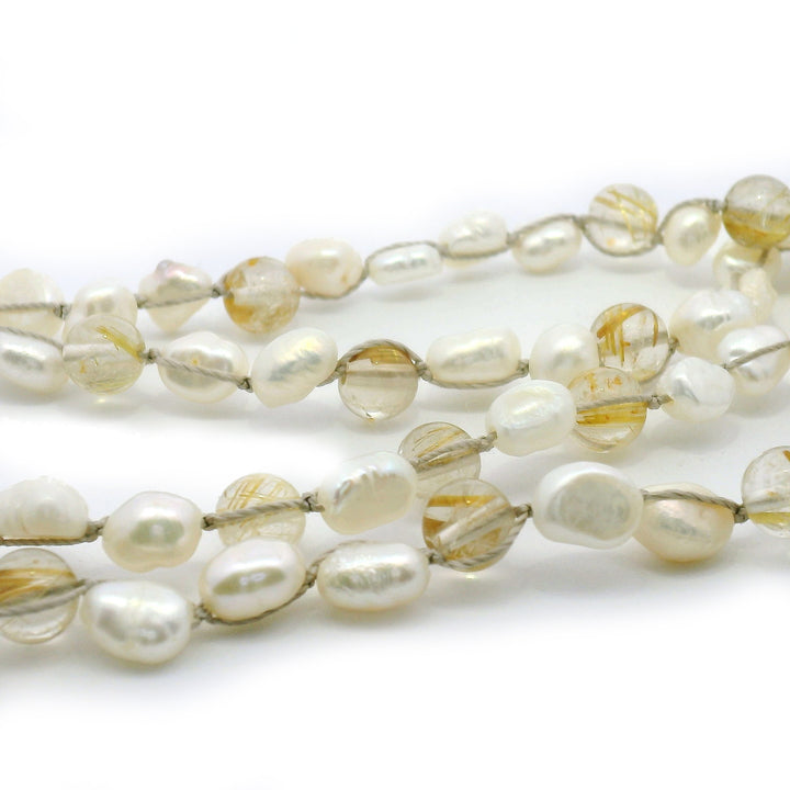Rutilated Quartz & Freshwater Pearl Silk Necklace - "Radiance"