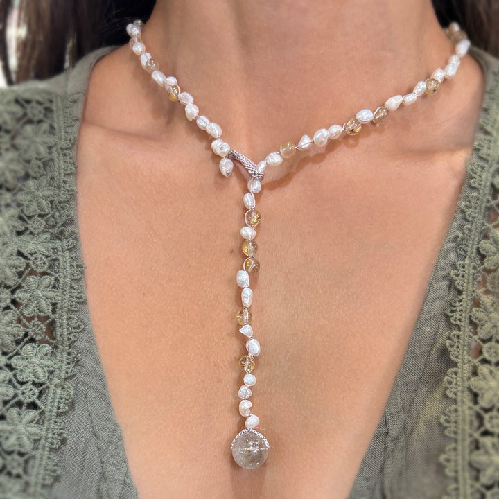 Rutilated Quartz & Freshwater Pearl Silk Necklace - "Radiance"