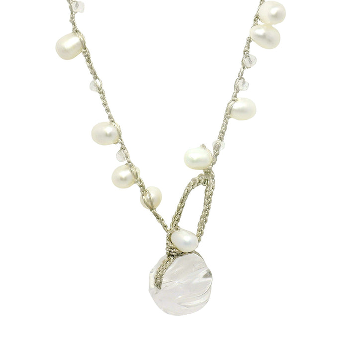 Carved Rock Crystal, Pearl, & Labradorite Silk Necklace - "Wandering Angel"