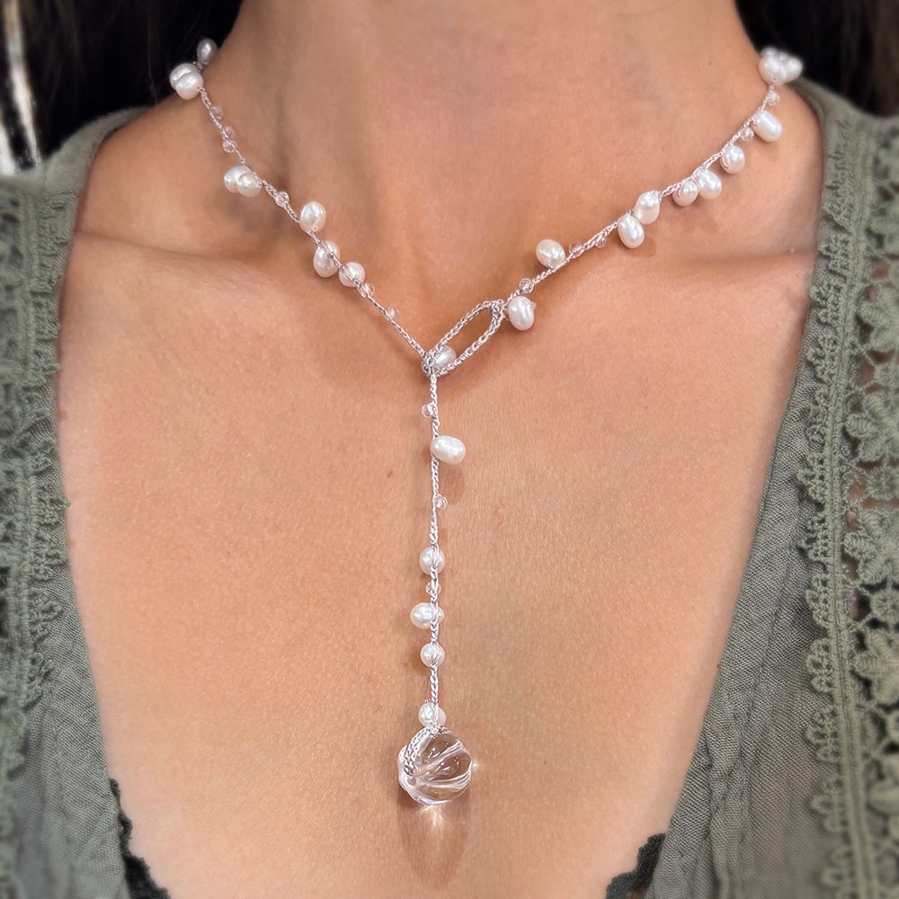 Carved Rock Crystal, Pearl, & Labradorite Silk Necklace - "Wandering Angel"