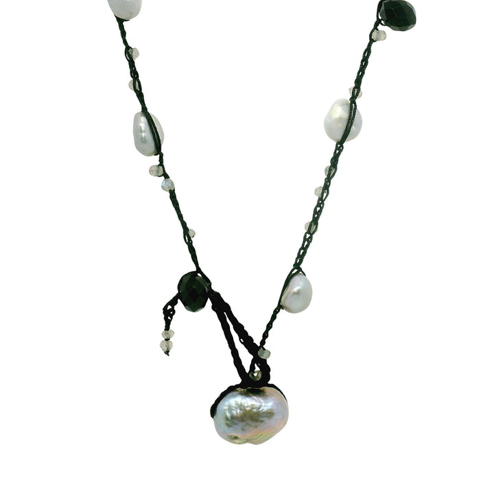 Labradorite, Black Spinel & Freshwater Pearl Silk Necklace - "Twilight Veil"