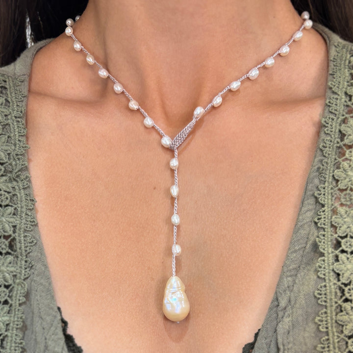 Freshwater Pearl & Crocheted Silk Necklace - "Moon's Grace"