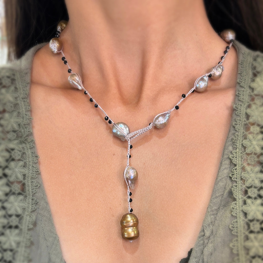 Black Spinel & Freshwater Pearl Silk Necklace - "Wanderlust"