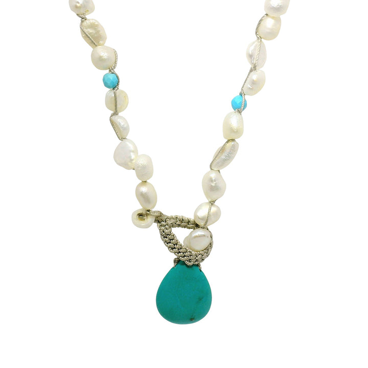 Turquoisei & White Pearl Crocheted Necklace - "Low Tide"