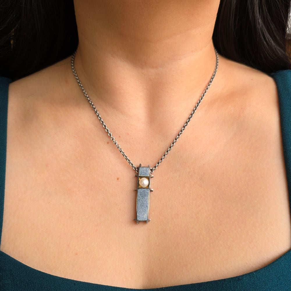 Woman wearing Three Box Akoya pearl necklace by Michael Jensen from Alara Jewelry