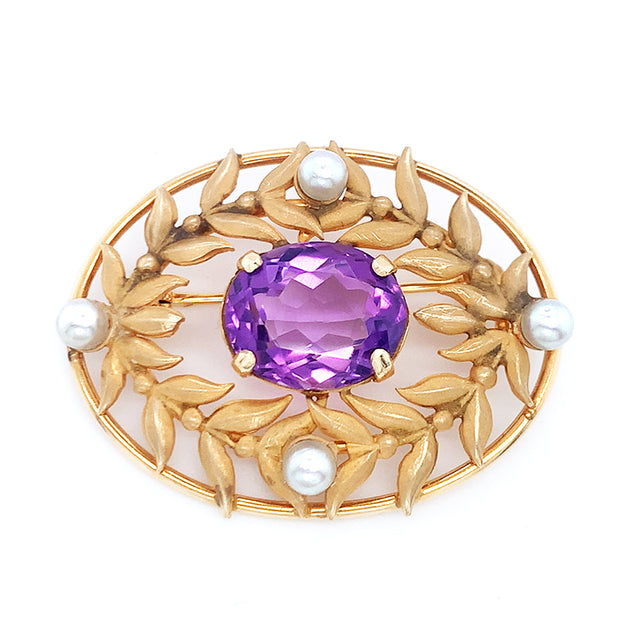 Yellow Gold, Pearl & Amethyst Brooch - "Purple Wreath"