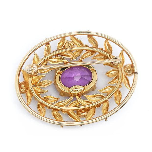 Yellow Gold, Pearl & Amethyst Brooch - "Purple Wreath"