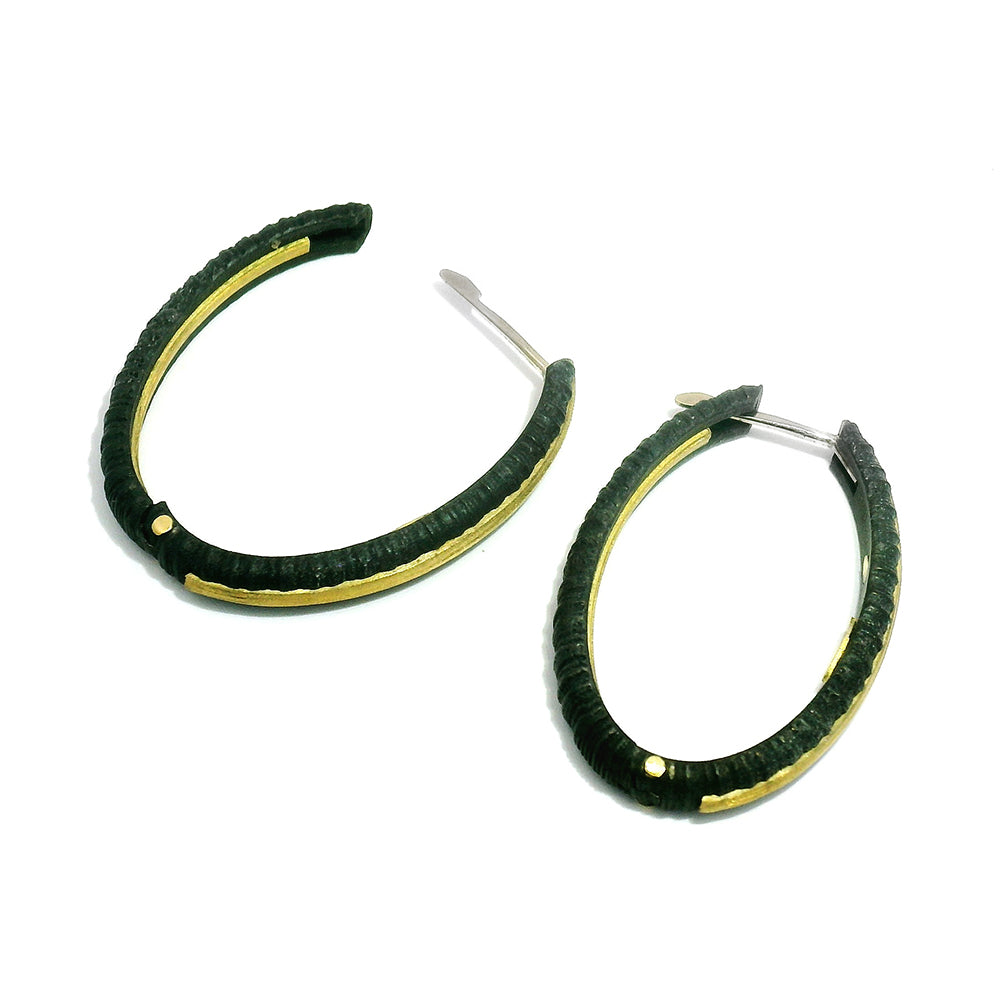 Yellow Gold & Blackened Cobalt Chrome Oval Hoops - "Ridge"
