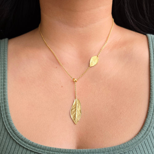 Yellow Gold Lariat Necklace - "Southern Oak & Briar Leaf"