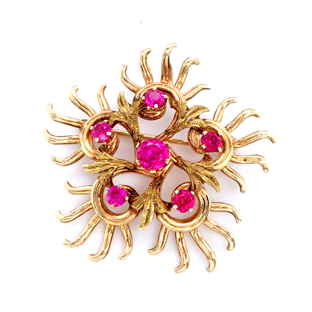 Yellow Gold & Red Stone Brooch - "Starburst"