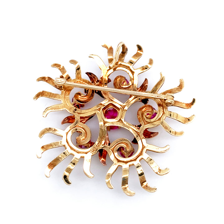 Yellow Gold & Red Stone Brooch - "Starburst"