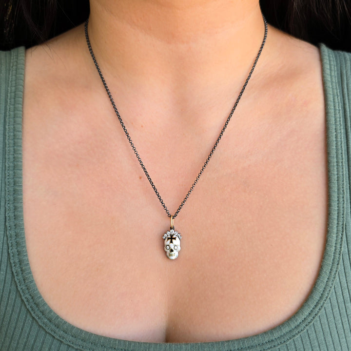 Handcrafted Skull Pendant Necklace with Diamond Tiara - "Corona Memento"