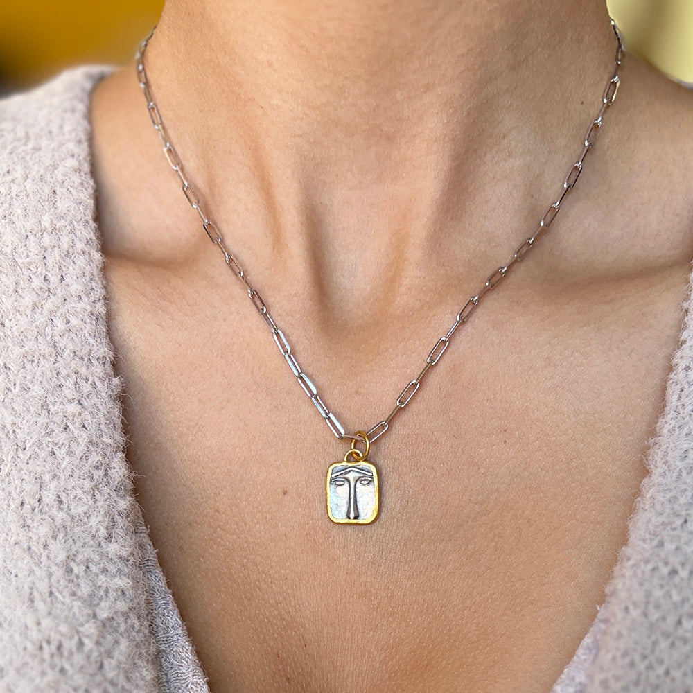 Sterling Silver & Yellow Gold Pendant - "Ancient Lion's Face"