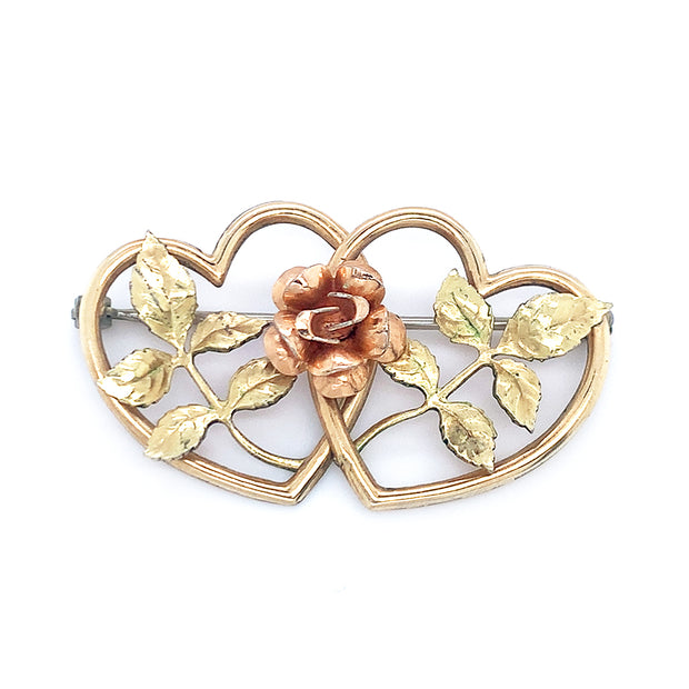 Two Tone Gold Hearts & Rose Pin