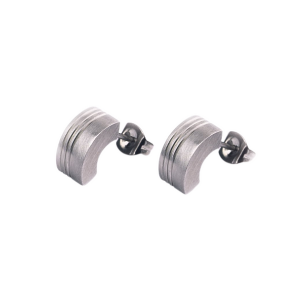 Wide Stainless Steel Earrings "Small Curve Studs with Grooves"