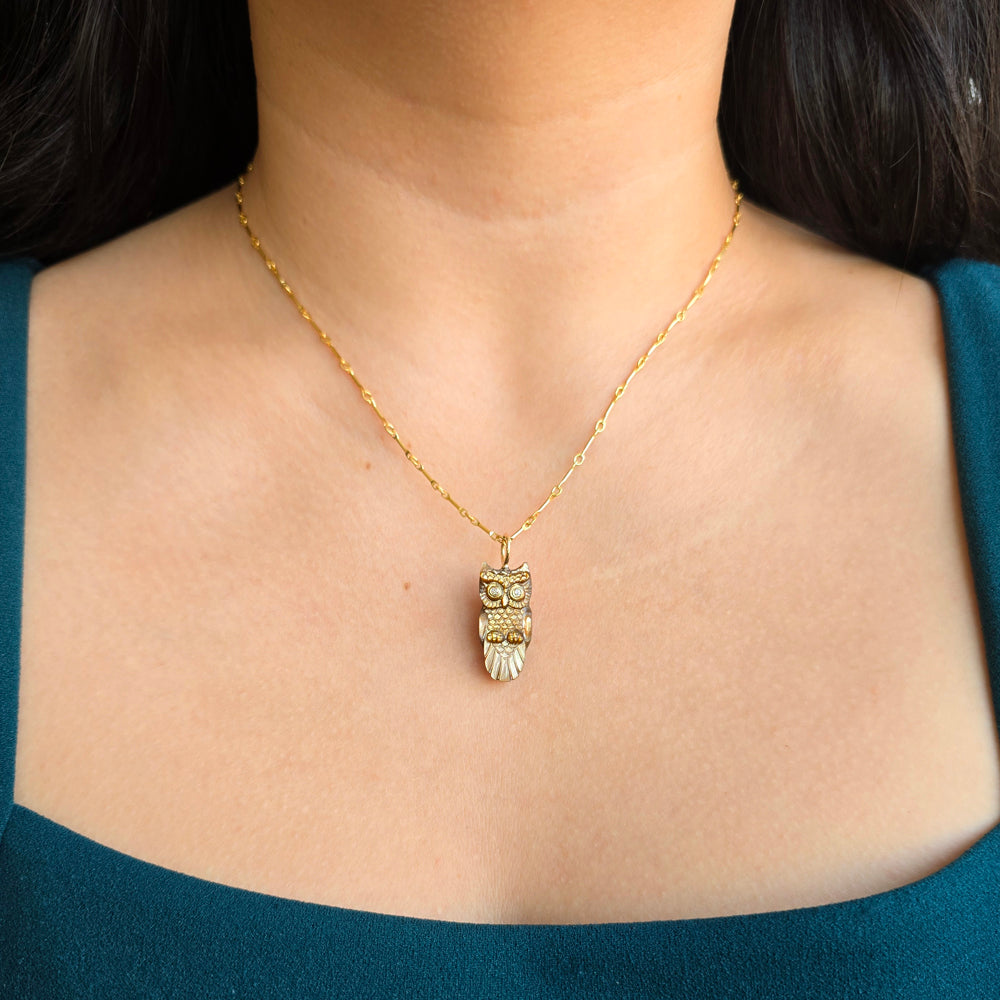 Penguin Wing Oyster Shell & Diamond Pendant - "Copper Owl"