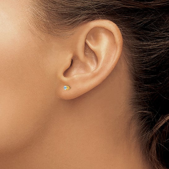 "March" Light Blue Crystal Piercing Studs in 14K Yellow Gold