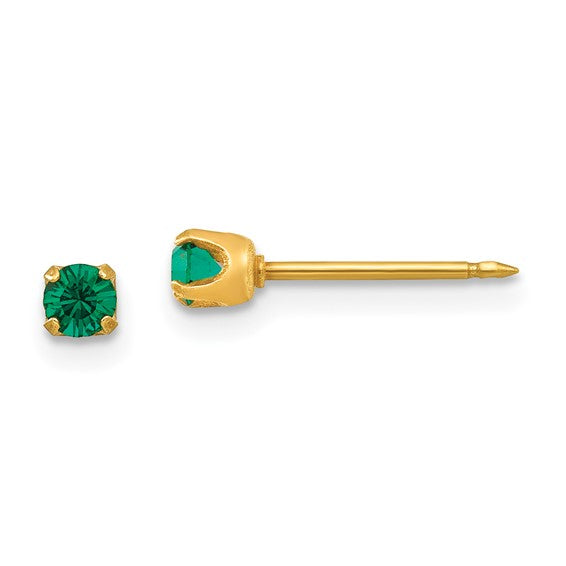 "May" Emerald Green Crystal Piercing Studs in 14K Yellow Gold