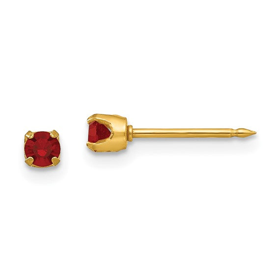 "July" Bright Red Crystal Piercing Studs in 14K Yellow Gold