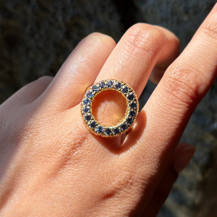 Yogo Sapphire & Yellow Gold Circle Ring - "Wide Embrace"