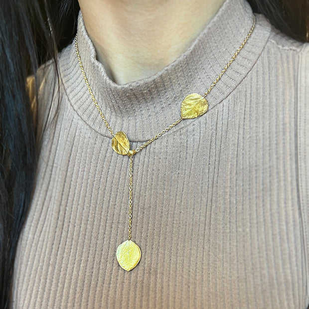 Yellow Gold Lariat Leaf Necklace - "Aspen"