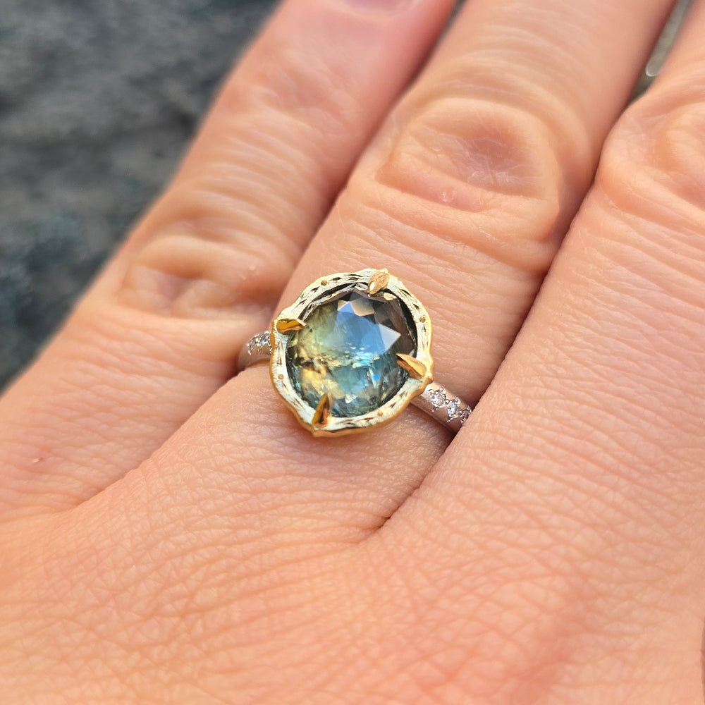 Oval Bi-Color Green & Pale Yellow Montana Sapphire Ring -"Lotus"