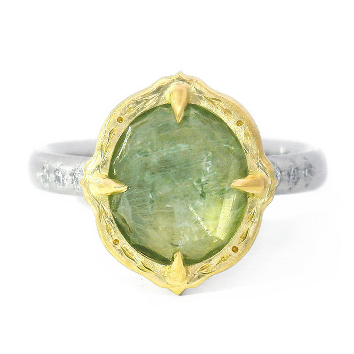 Rose Cut Light Spring Green Montana Sapphire Ring - "Lotus"