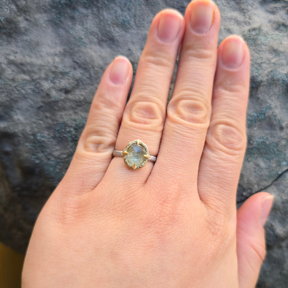 Rose Cut Light Spring Green Montana Sapphire Ring - "Lotus"