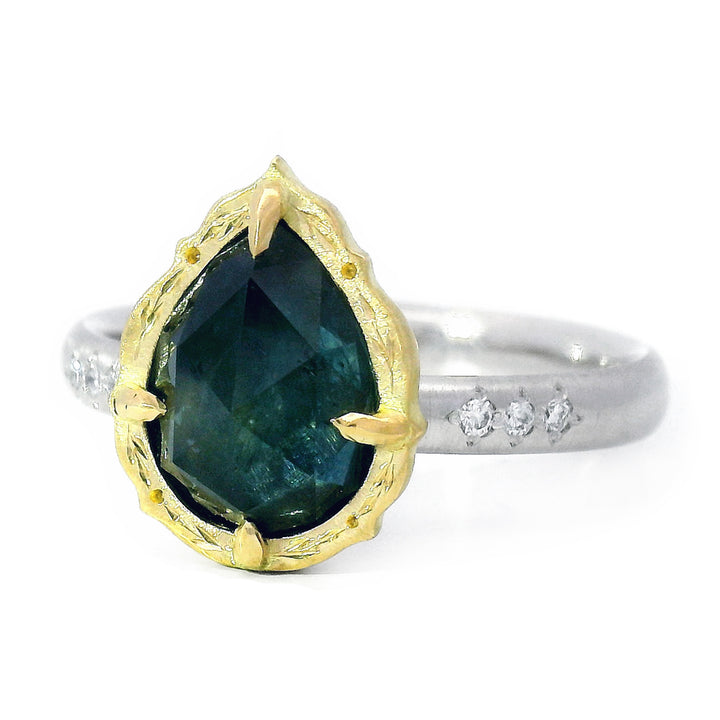 Pear Shaped Deep Blue Rose Cut Montana Sapphire Ring - "Lotus"