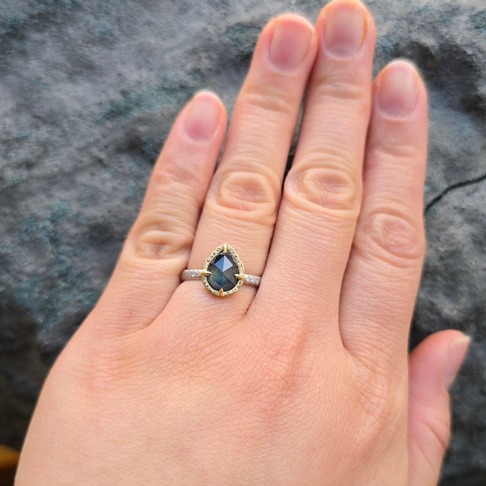 Pear Shaped Deep Blue Rose Cut Montana Sapphire Ring - "Lotus"