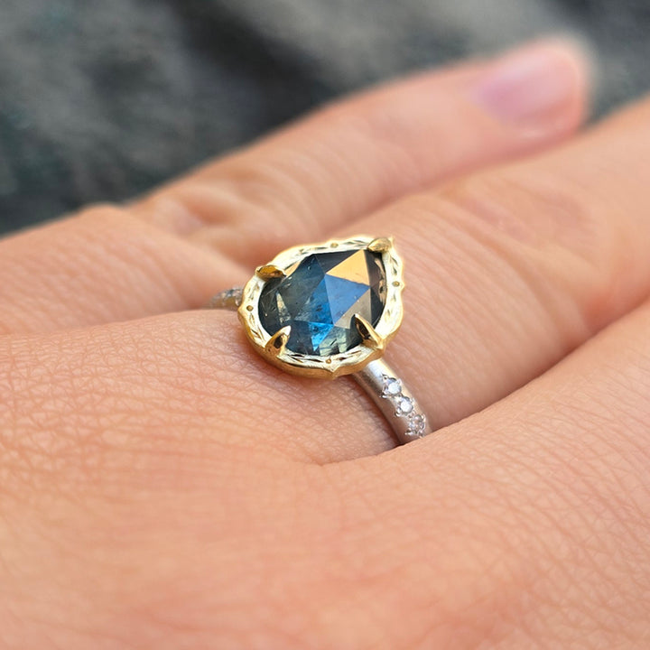 Pear Shaped Deep Blue Rose Cut Montana Sapphire Ring - "Lotus"