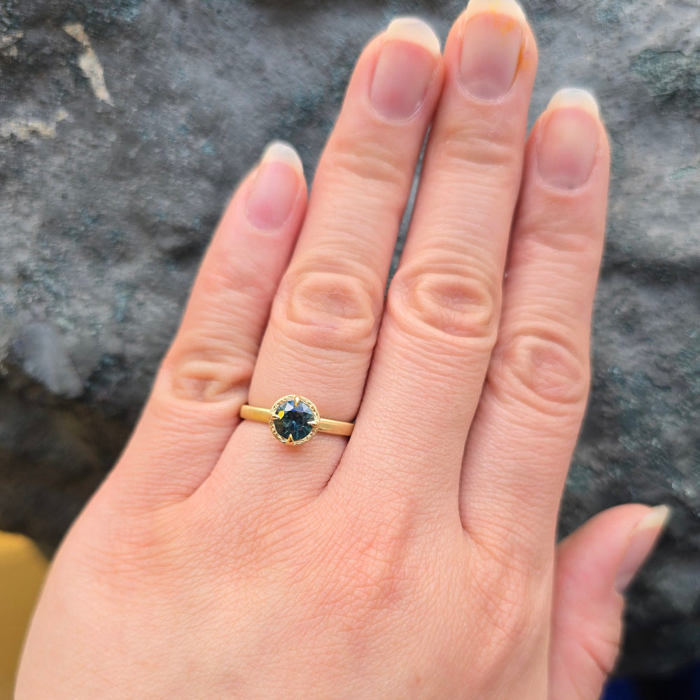 Round Deep Green-Blue Montana Sapphire Ring - "Rosebud"