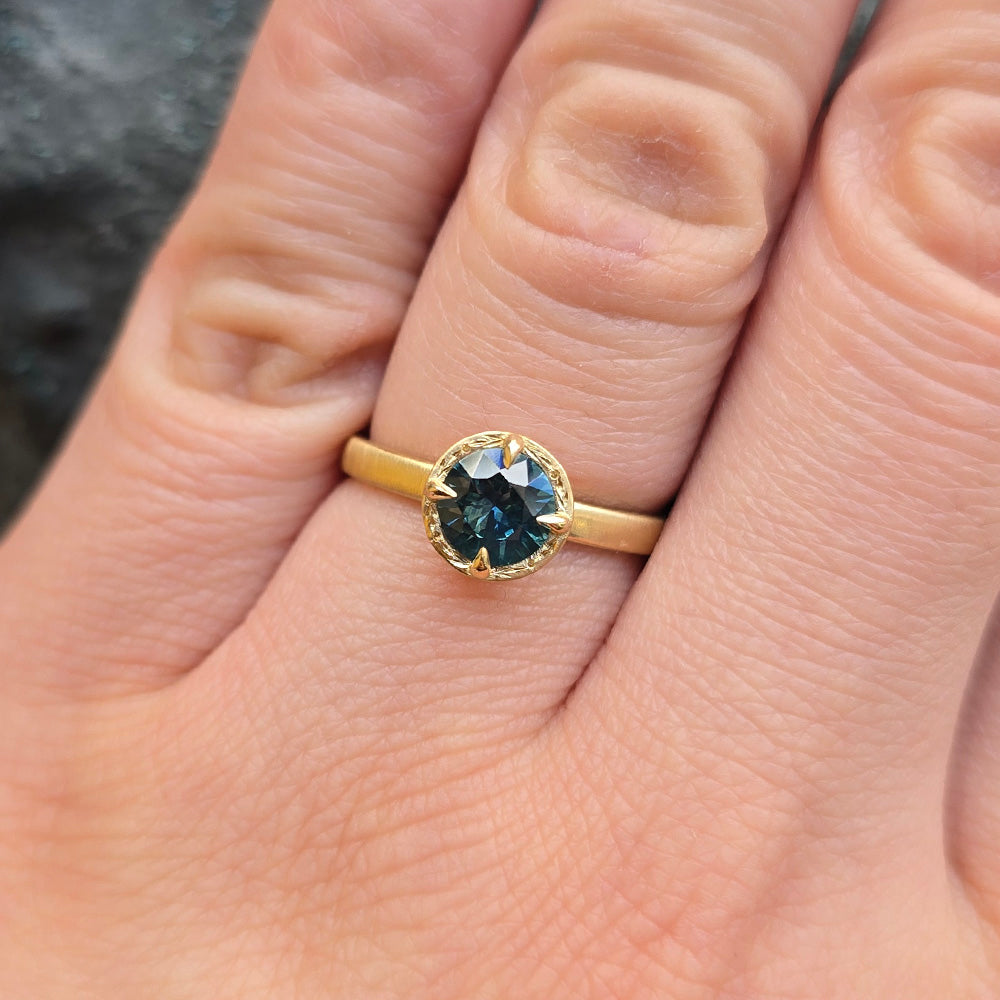 Round Deep Green-Blue Montana Sapphire Ring - "Rosebud"