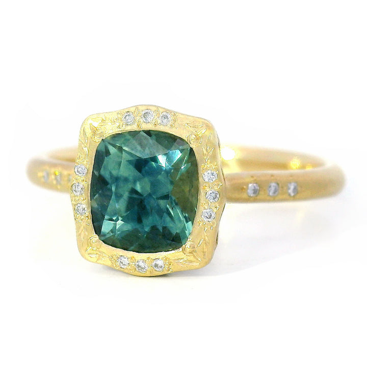 Cushion Shaped Green-Blue Montana Sapphire Ring - "Lunaris"