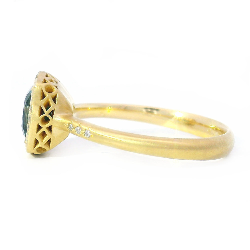 Cushion Shaped Green-Blue Montana Sapphire Ring - "Lunaris"