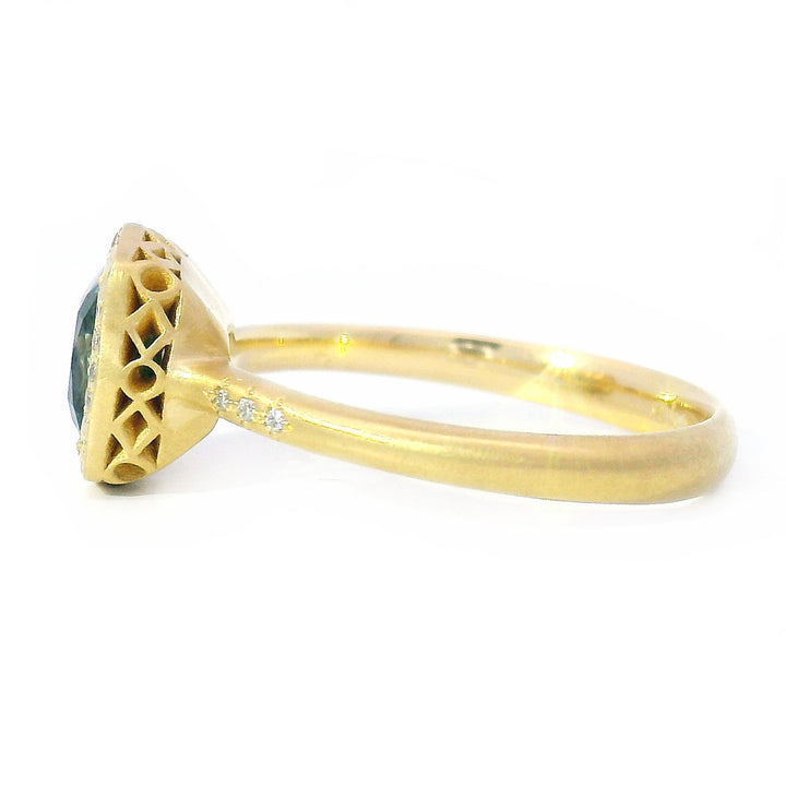 Cushion Shaped Green-Blue Montana Sapphire Ring - "Lunaris"