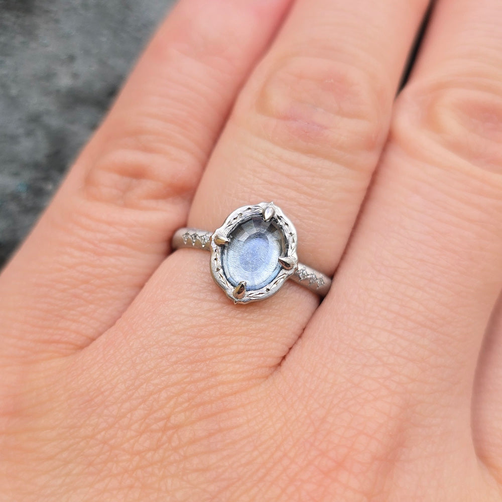 Light Blue Montana Sapphire & Platinum Ring - "Lotus Slipper"