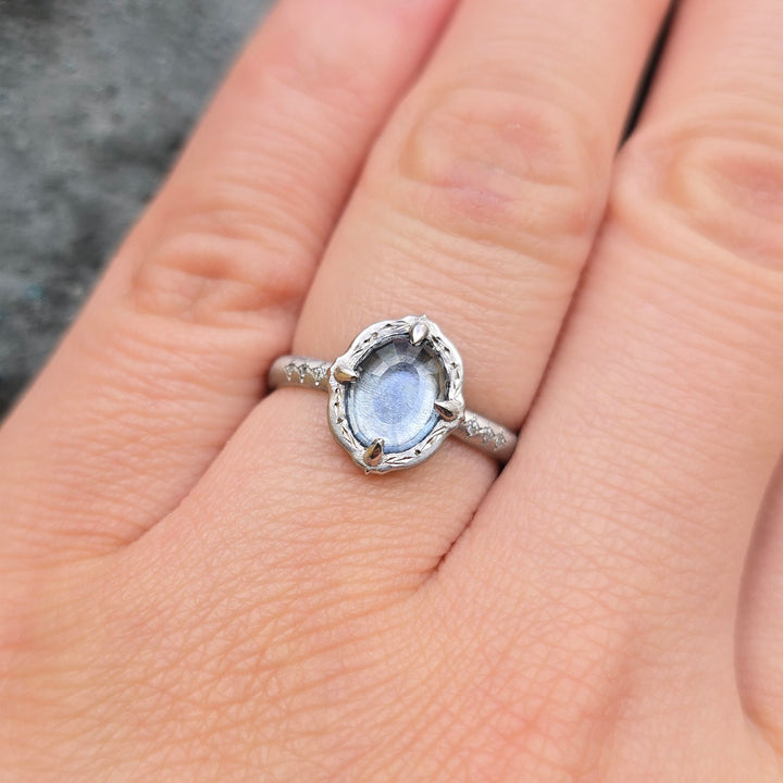 Light Blue Montana Sapphire & Platinum Ring - "Lotus Slipper"