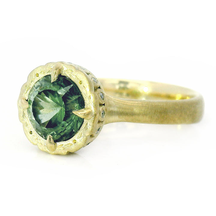 Green Montana Sapphire & Diamond Engagement Ring - "Eye of the Jungle"