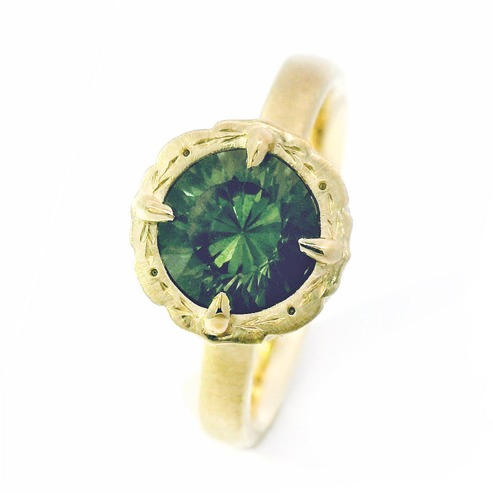 Green Montana Sapphire & Diamond Engagement Ring - "Eye of the Jungle"