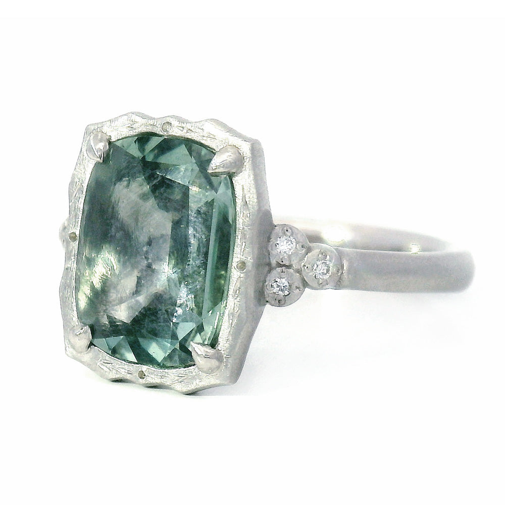Green-Blue Montana Sapphire & Diamond Ring - "Luna"