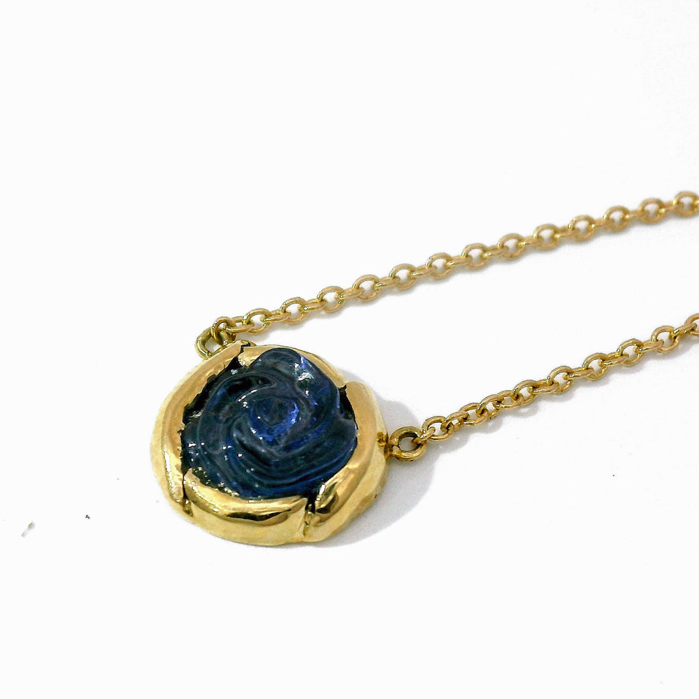 Carved Rose Yogo Sapphire & Yellow Gold Necklace - "Bloom"