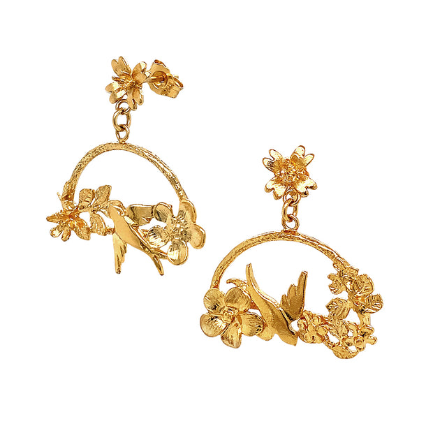 One-Of-A-Kind Gold Vermeil Earrings -  "Swooping Bird Among Flowers"