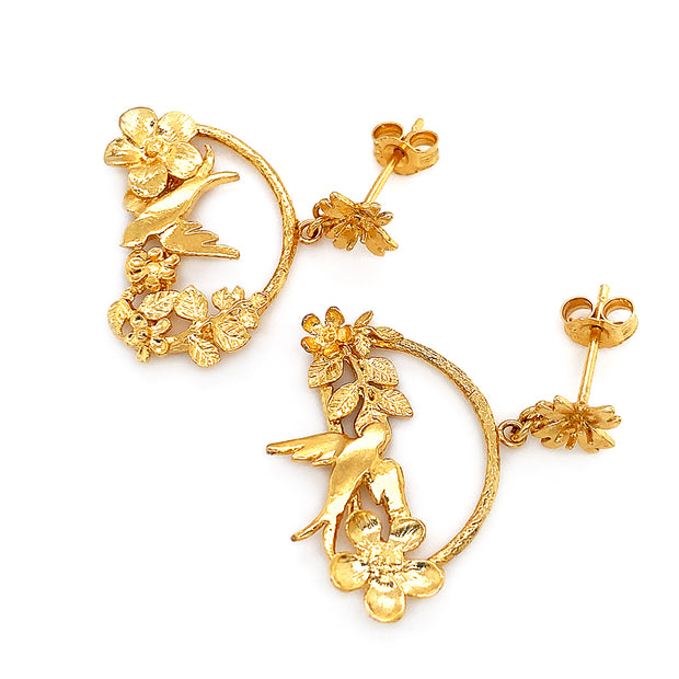 One-Of-A-Kind Gold Vermeil Earrings -  "Swooping Bird Among Flowers"