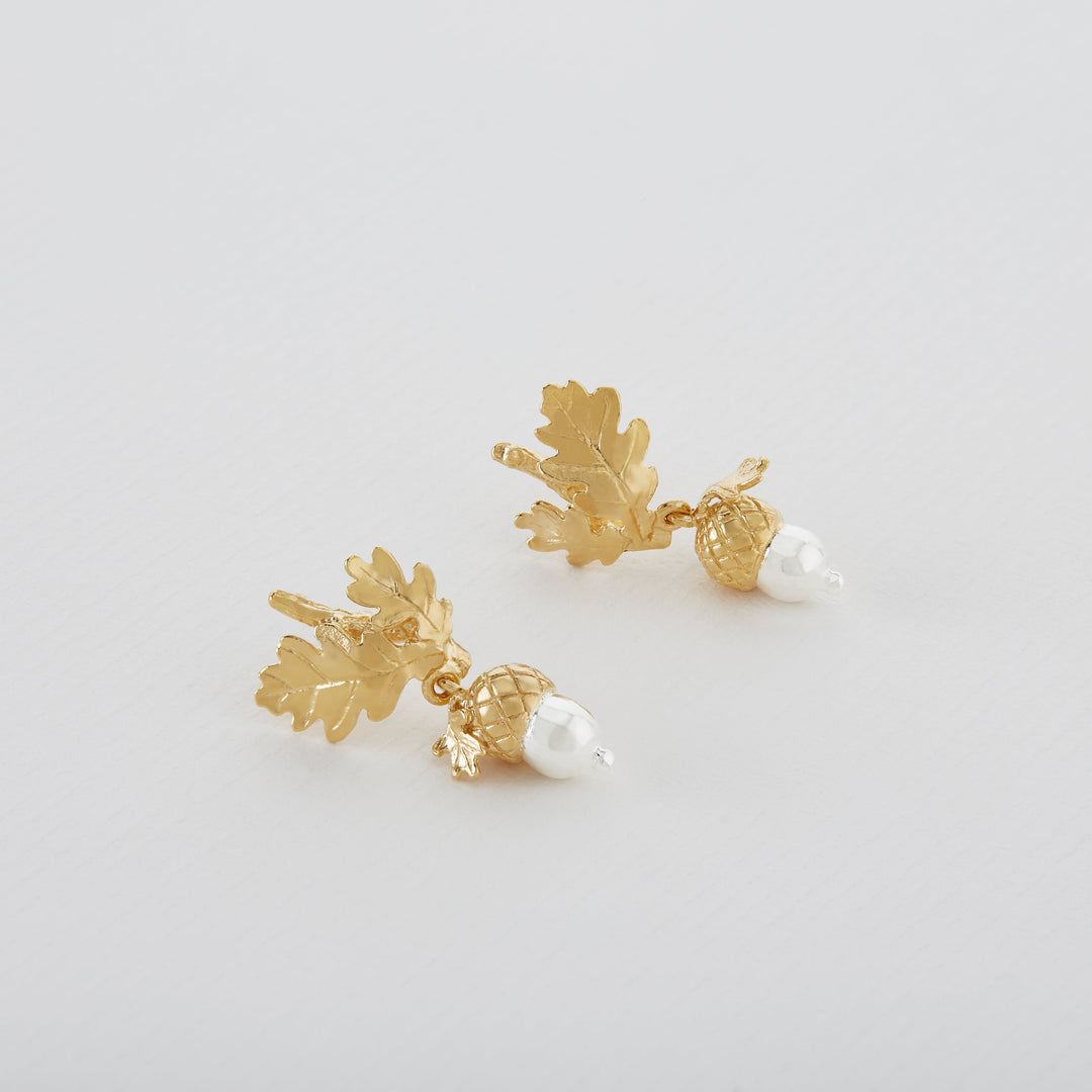 Woodland acorn and oak branch earrings with mixed-metal detail