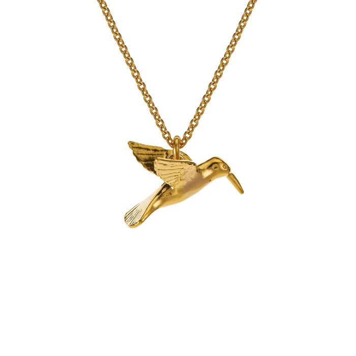 Sculptural hummingbird necklace with intricate detail and adjustable chain