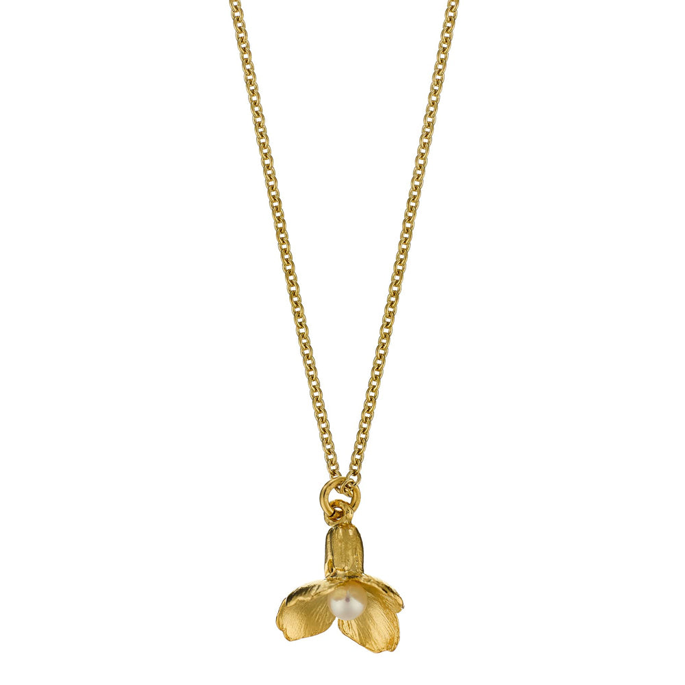 Cuckoo Flower pearl necklace by Alex Monroe in gold vermeil