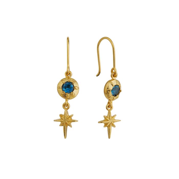 Compass star charm earrings with blue topaz drop