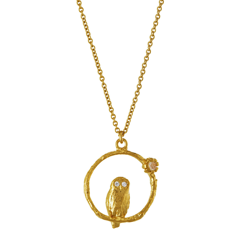 Peering Owl moonstone necklace by Alex Monroe in gold vermeil