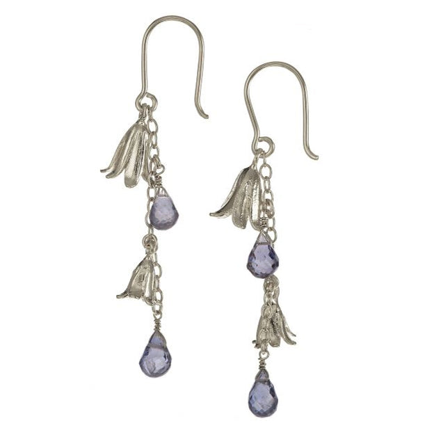 Floral botanical earrings with blue-violet iolite briolettes